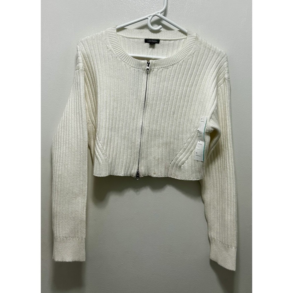 Wild Fable White Ribbed Crew Neck Long Sleeve Cropped Sweater Women Medium